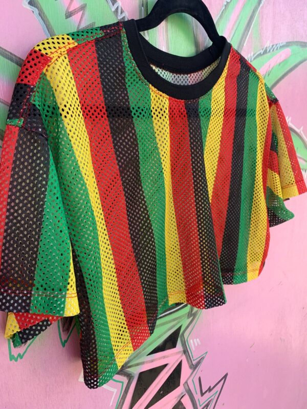 CUTE! CROPPED VERTICAL STRIPED RASTA MESH JERSEY RINGER TOP