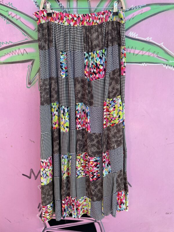 LOVE! 1990S RAYON CHECKERED PATCHWORK MAXI SKIRT