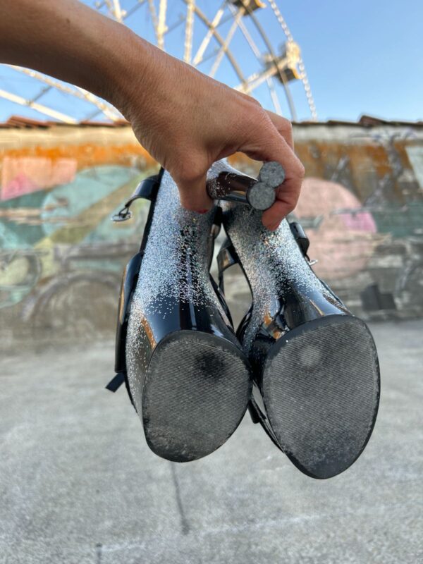 DEATH BY GLITTER STILLETTOS SHINY BLACK LEATHER PEEP TOE HEELS