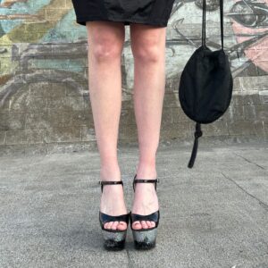 Photo detail:DEATH BY GLITTER STILLETTOS SHINY BLACK LEATHER PEEP TOE HEELS
