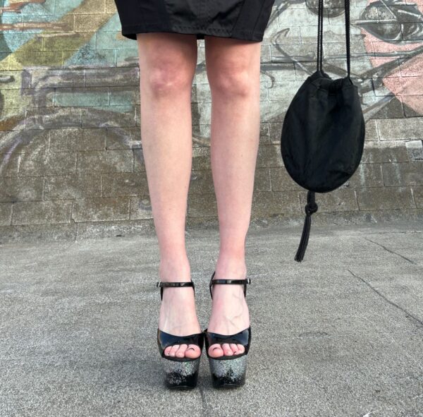 DEATH BY GLITTER STILLETTOS SHINY BLACK LEATHER PEEP TOE HEELS