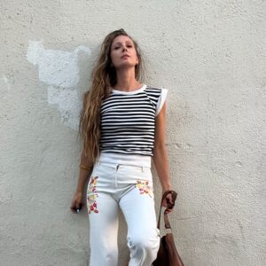 Photo detail:*AS-IS* CUTE!! SHORT SLEEVE WAFFLE KNIT SHORT SLEEVE HORIZONTAL STRIPED TOP