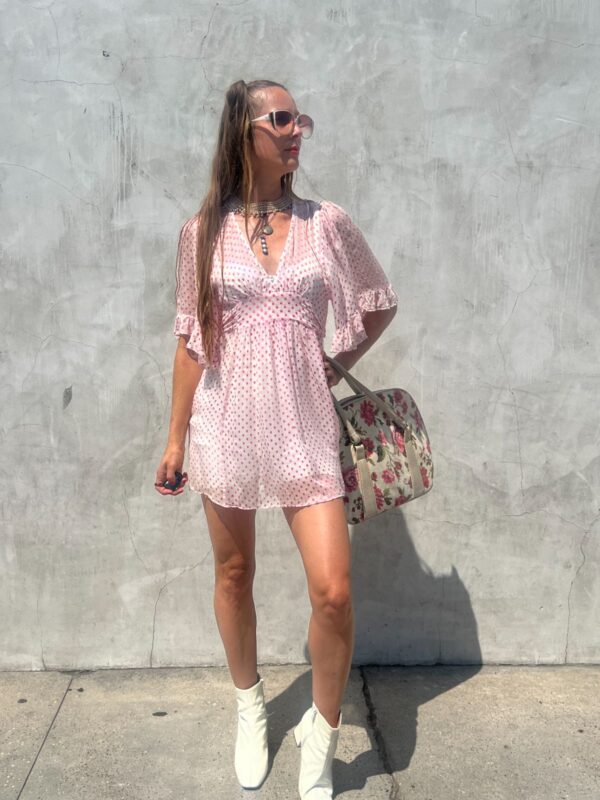 *AS-IS* SHEER 100% SILK FLOCKED POLKA DOT TUNIC BLOUSE/ MINI DRESS BILLOWING SLEEVES