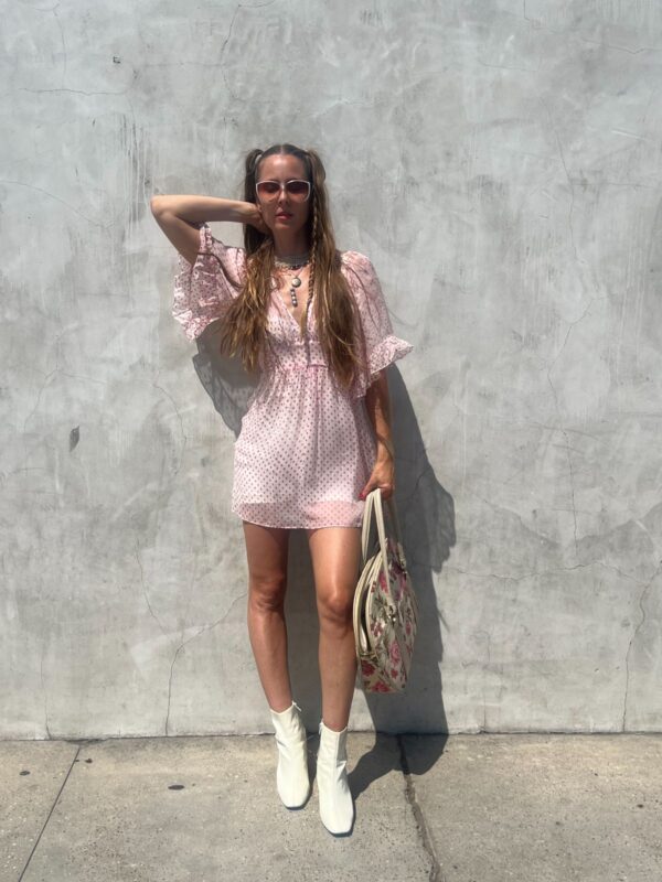 *AS-IS* SHEER 100% SILK FLOCKED POLKA DOT TUNIC BLOUSE/ MINI DRESS BILLOWING SLEEVES