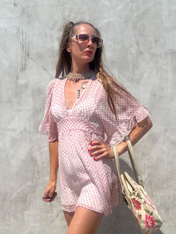 *AS-IS* SHEER 100% SILK FLOCKED POLKA DOT TUNIC BLOUSE/ MINI DRESS BILLOWING SLEEVES