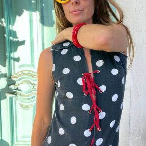 Photo detail:HANDMADE RETRO SLEEVELESS POLKADOT ROMPER, FLOWER APPLIQUE