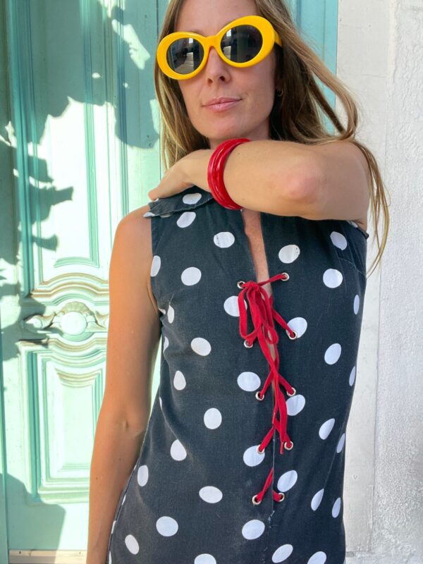 HANDMADE RETRO SLEEVELESS POLKADOT ROMPER, FLOWER APPLIQUE