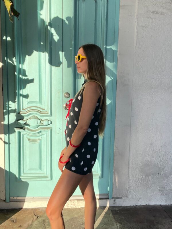 HANDMADE RETRO SLEEVELESS POLKADOT ROMPER, FLOWER APPLIQUE