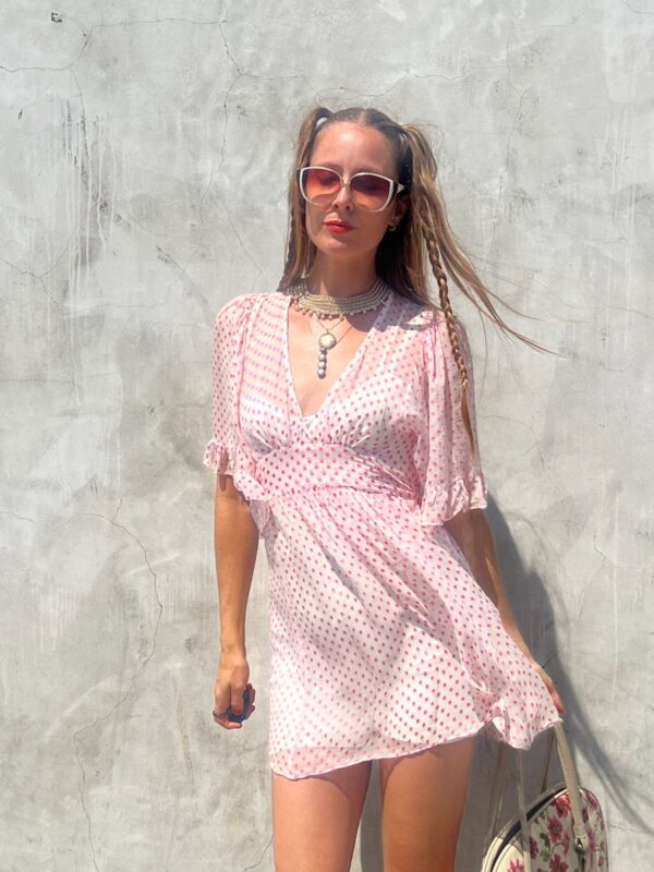 *AS-IS* SHEER 100% SILK FLOCKED POLKA DOT TUNIC BLOUSE/ MINI DRESS BILLOWING SLEEVES
