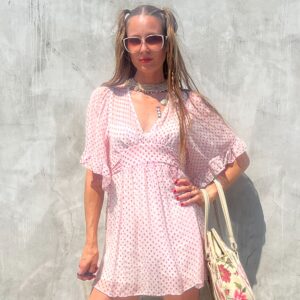 Photo detail:*AS-IS* SHEER 100% SILK FLOCKED POLKA DOT TUNIC BLOUSE/ MINI DRESS BILLOWING SLEEVES