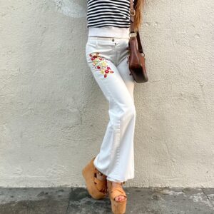 Photo detail:AS-IS *AS IS* ADORABLE!!! 1960S-70S FLORAL EMBROIDERED WHITE BELL BOTTOM JEANS