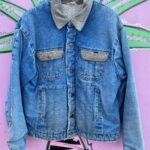 *AS-IS* SHERPA LINED DENIM JACKET CORDUROY COLLAR PAISLEY BRASS SNAP BUTTONS- RIBBED INTERIOR CUFF