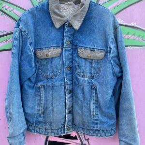 Photo detail:*AS-IS* SHERPA LINED DENIM JACKET CORDUROY COLLAR PAISLEY BRASS SNAP BUTTONS- RIBBED INTERIOR CUFF