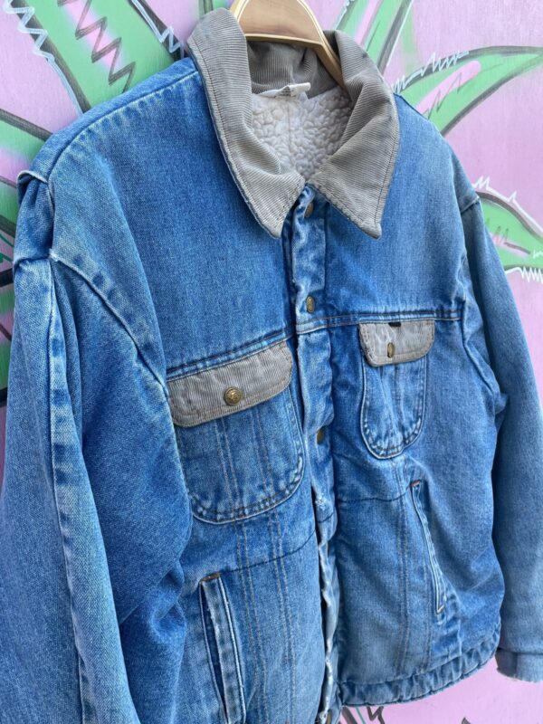 *AS-IS* SHERPA LINED DENIM JACKET CORDUROY COLLAR PAISLEY BRASS SNAP BUTTONS- RIBBED INTERIOR CUFF