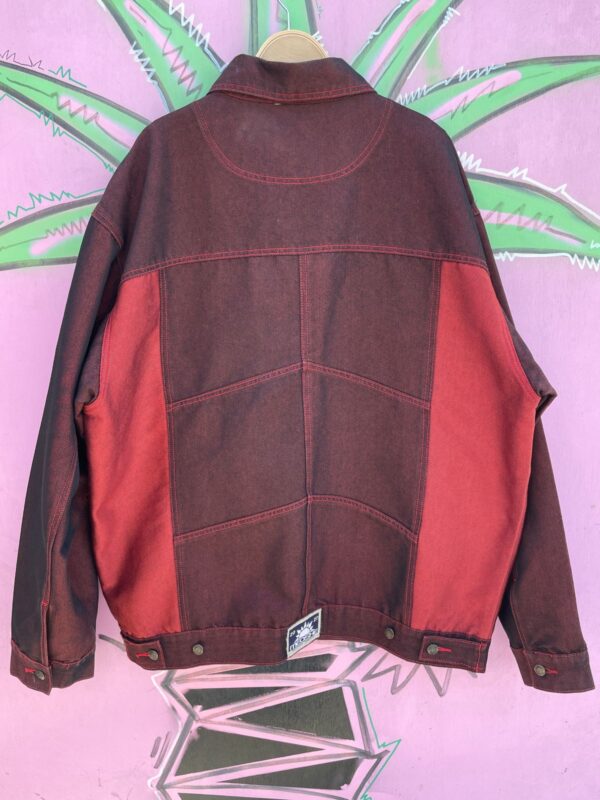 1990S | EARLY Y2K IRIDESCENT OVERDYED RED DENIM JACKET FUNKY ANGLED POCKETS