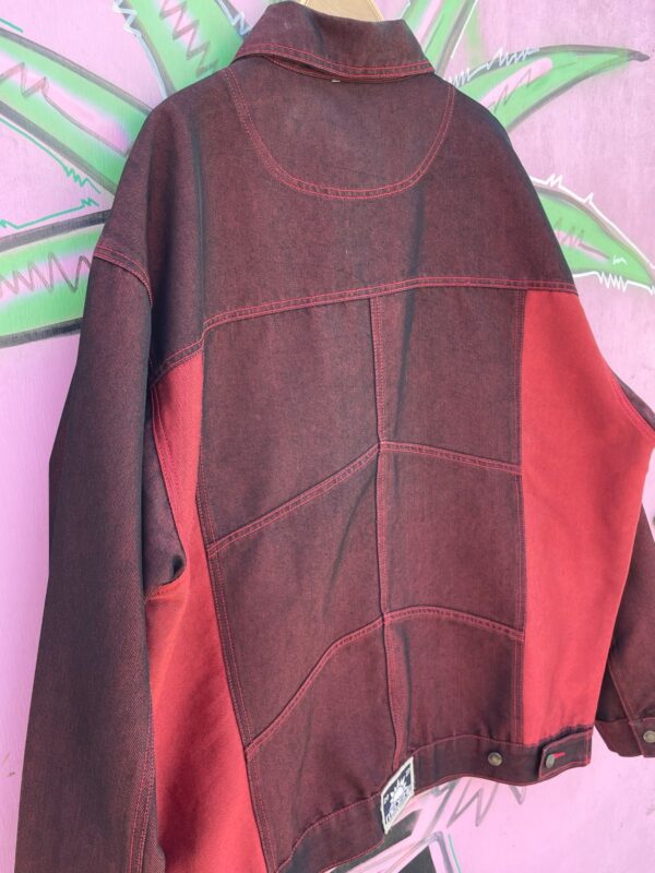 1990S | EARLY Y2K IRIDESCENT OVERDYED RED DENIM JACKET FUNKY ANGLED POCKETS