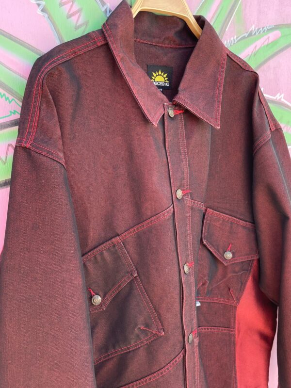 1990S | EARLY Y2K IRIDESCENT OVERDYED RED DENIM JACKET FUNKY ANGLED POCKETS