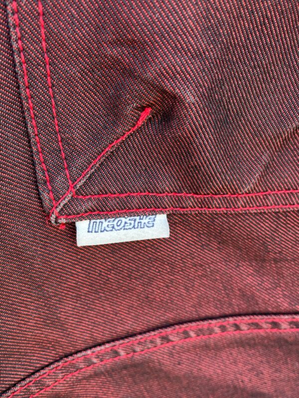 1990S | EARLY Y2K IRIDESCENT OVERDYED RED DENIM JACKET FUNKY ANGLED POCKETS