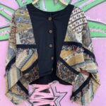CUTE! 1990S MIXED PATCHWORK BATIK PRINT CROPPED JACKET, COCONUT BUTTONS