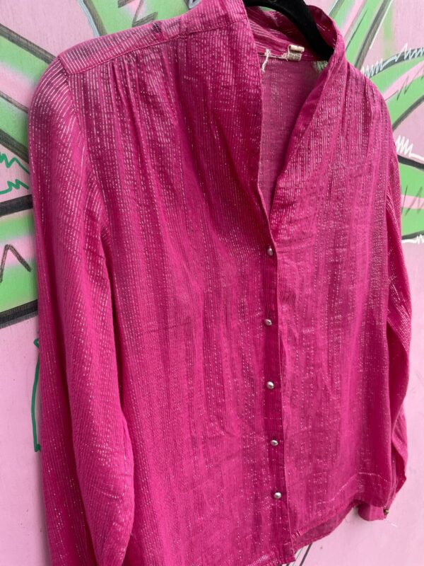 INDIAN COTTON LONG SLEEVE BUTTON DOWN BLOUSE METALLIC SILVER THREADING