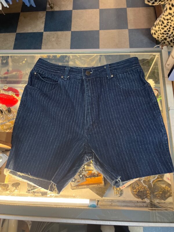 1980S DARK WASH PIN STRIPED DENIM CUT OFF SHORTS RAW HEM
