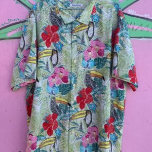 Photo detail:GORGEOUS! COLORFUL TROPICAL TOUCAN PRINT LINEN HAWAIIAN SHIRT