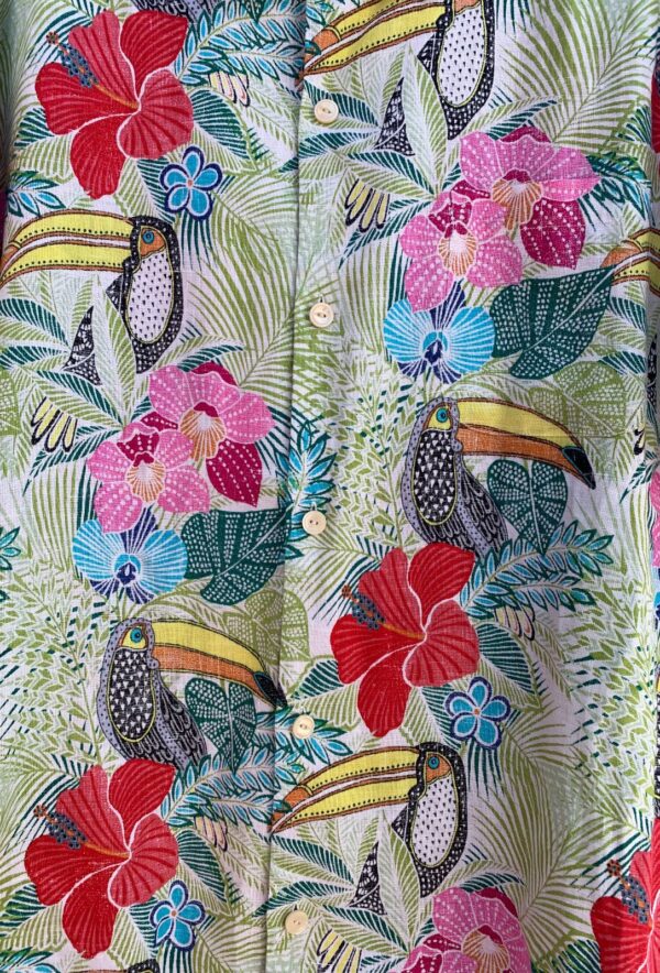 GORGEOUS! COLORFUL TROPICAL TOUCAN PRINT LINEN HAWAIIAN SHIRT
