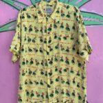 FUN! 100% SILK DO THE HULA ALL OVER PRINT HAWAIIAN SHIRT, COCONUT BUTTONS