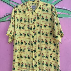 Photo detail:FUN! 100% SILK DO THE HULA ALL OVER PRINT HAWAIIAN SHIRT, COCONUT BUTTONS