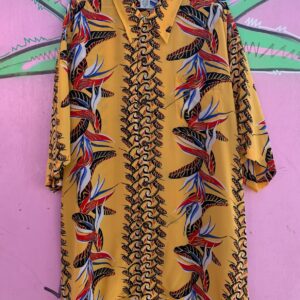 Photo detail:STUNNING! 100% SILK BOLD RETRO BIRDS OF PARADISE PRINT HAWAIIAN SHIRT, COCONUT BUTTONS
