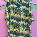 FUN! 100% RAYON, SOUTH PACIFIC SKYVIEW DRIVE-IN CLASSIC CAR PRINT HAWAIIAN SHIRT, COCONUT BUTTONS