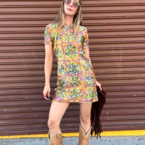 Photo detail:TRIPPY TIE DYE PAINT KALEIDOSCOPE SILKY SHORT SLEEVE SHIFT DRESS