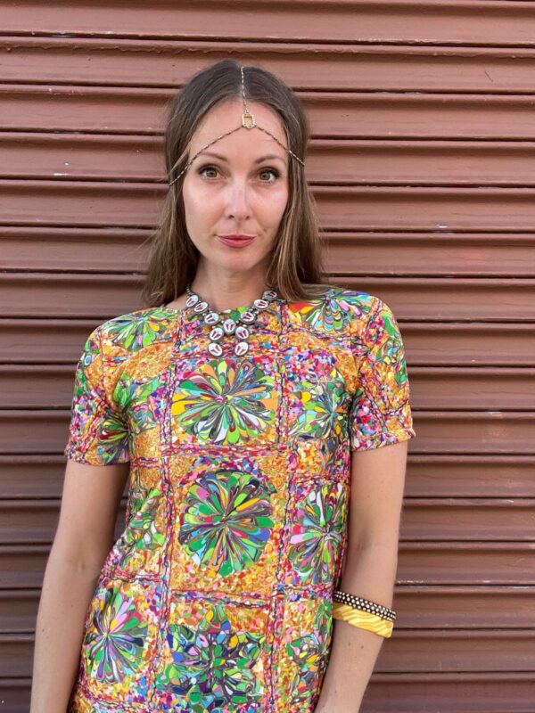 TRIPPY TIE DYE PAINT KALEIDOSCOPE SILKY SHORT SLEEVE SHIFT DRESS