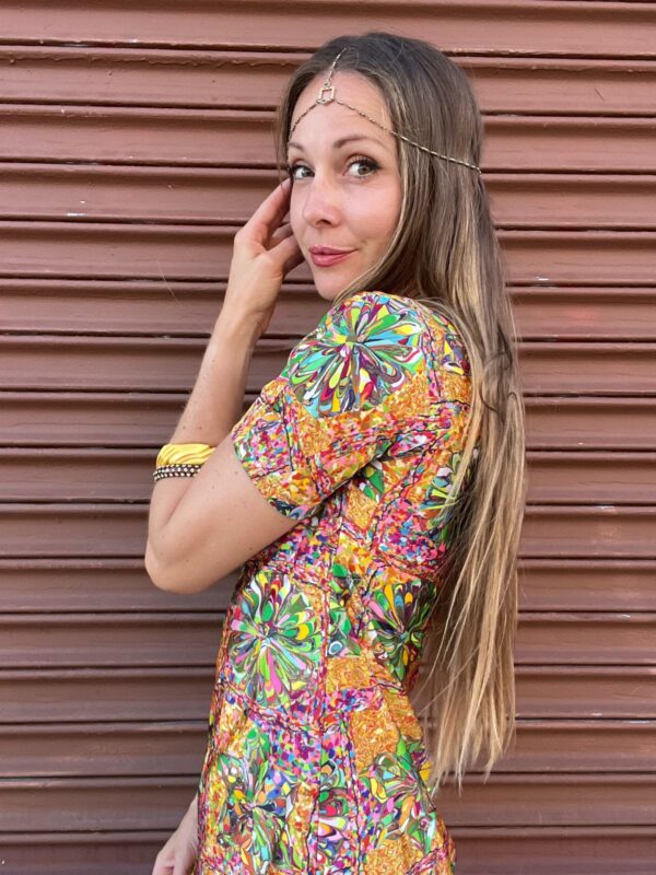 TRIPPY TIE DYE PAINT KALEIDOSCOPE SILKY SHORT SLEEVE SHIFT DRESS