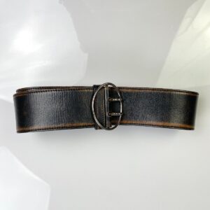 Photo detail:MADE IN ITALY 2-TONE OMBRE WIDE TWO PRONG LEATHER BELT HIGH POLISHED OVAL BUCKLE