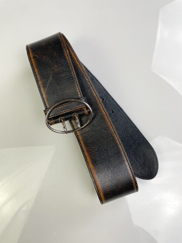 MADE IN ITALY 2-TONE OMBRE WIDE TWO PRONG LEATHER BELT HIGH POLISHED OVAL BUCKLE