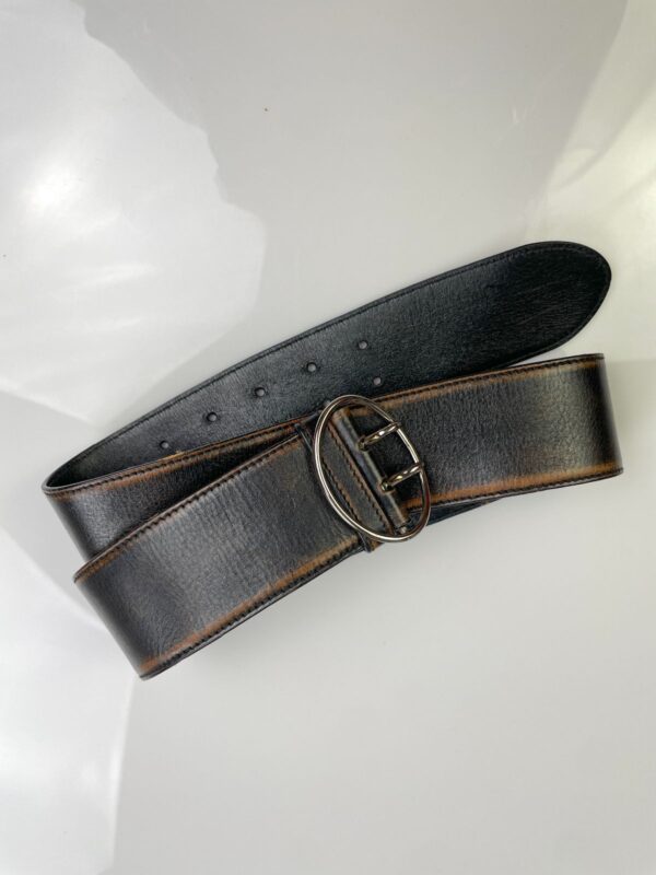 MADE IN ITALY 2-TONE OMBRE WIDE TWO PRONG LEATHER BELT HIGH POLISHED OVAL BUCKLE
