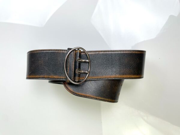 MADE IN ITALY 2-TONE OMBRE WIDE TWO PRONG LEATHER BELT HIGH POLISHED OVAL BUCKLE