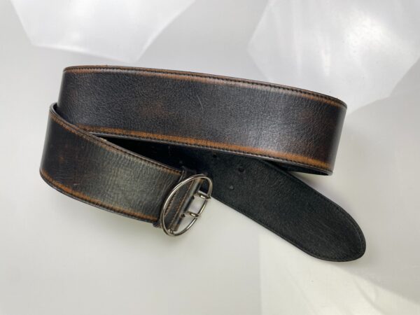 MADE IN ITALY 2-TONE OMBRE WIDE TWO PRONG LEATHER BELT HIGH POLISHED OVAL BUCKLE