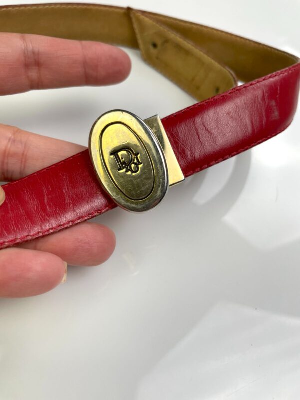 *AS-IS* RED LEATHER COWHIDE SKINNY BELT GOLD OVAL DIOR LOGO BUCKLE *DISTRESSED