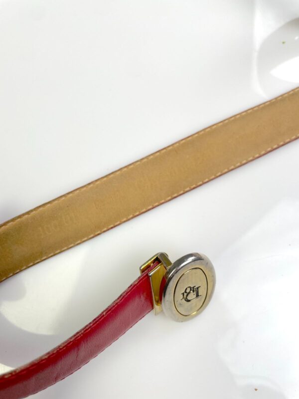 *AS-IS* RED LEATHER COWHIDE SKINNY BELT GOLD OVAL DIOR LOGO BUCKLE *DISTRESSED