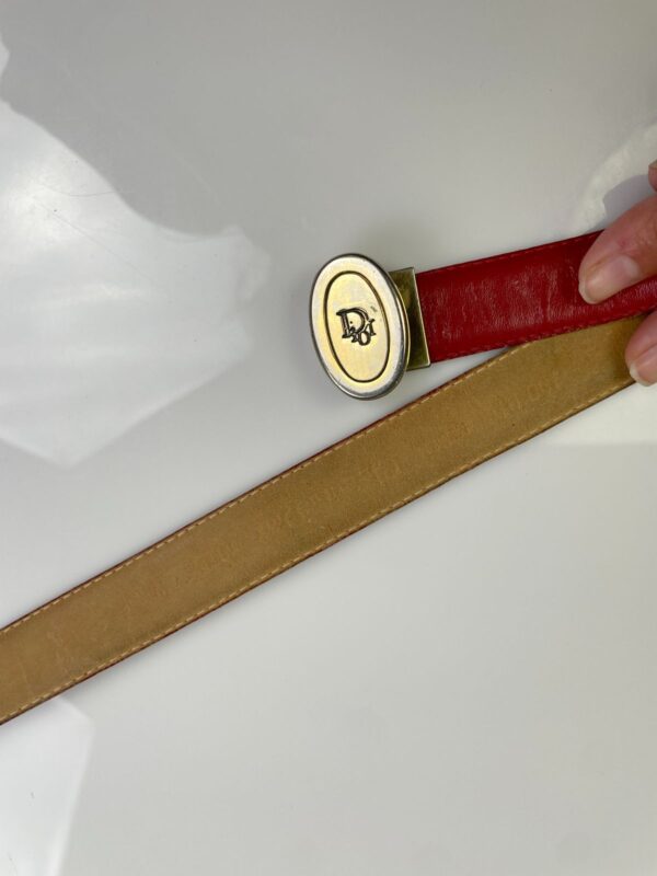 *AS-IS* RED LEATHER COWHIDE SKINNY BELT GOLD OVAL DIOR LOGO BUCKLE *DISTRESSED