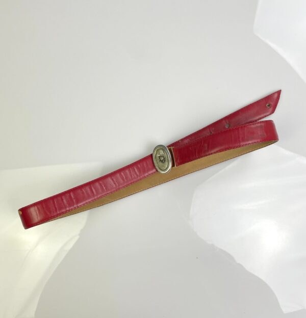 *AS-IS* RED LEATHER COWHIDE SKINNY BELT GOLD OVAL DIOR LOGO BUCKLE *DISTRESSED