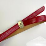 *AS-IS* RED LEATHER COWHIDE SKINNY BELT GOLD OVAL DIOR LOGO BUCKLE *DISTRESSED