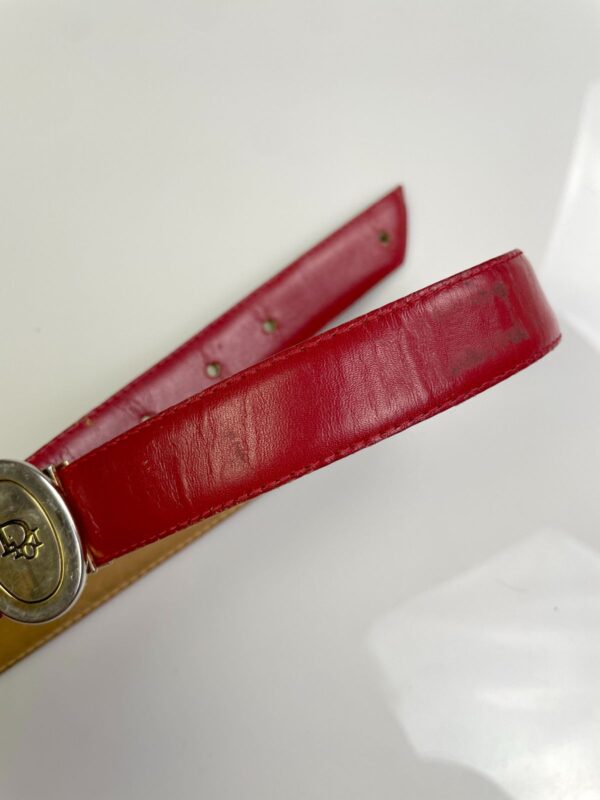 *AS-IS* RED LEATHER COWHIDE SKINNY BELT GOLD OVAL DIOR LOGO BUCKLE *DISTRESSED