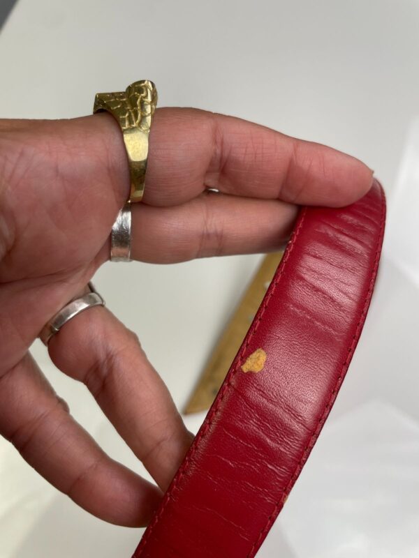 *AS-IS* RED LEATHER COWHIDE SKINNY BELT GOLD OVAL DIOR LOGO BUCKLE *DISTRESSED