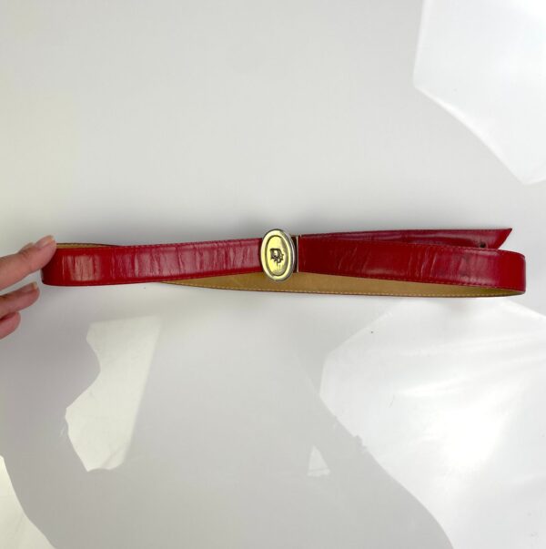 *AS-IS* RED LEATHER COWHIDE SKINNY BELT GOLD OVAL DIOR LOGO BUCKLE *DISTRESSED