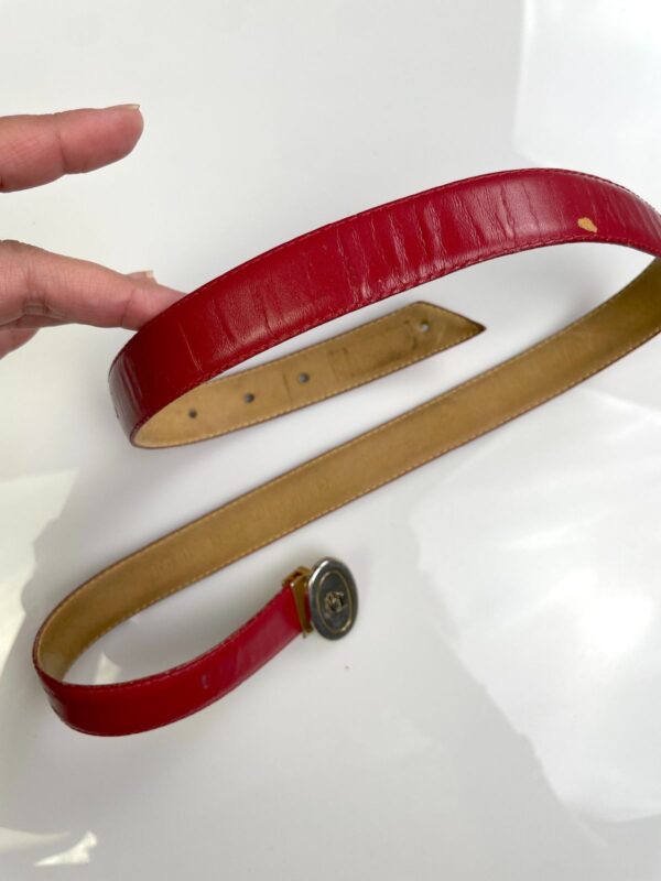 *AS-IS* RED LEATHER COWHIDE SKINNY BELT GOLD OVAL DIOR LOGO BUCKLE *DISTRESSED