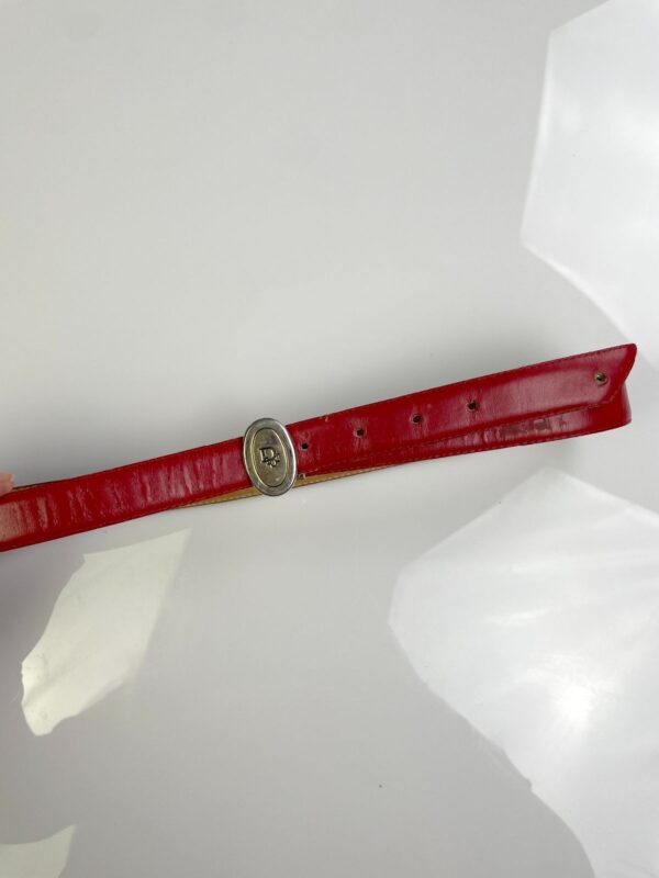 *AS-IS* RED LEATHER COWHIDE SKINNY BELT GOLD OVAL DIOR LOGO BUCKLE *DISTRESSED