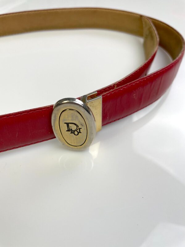 *AS-IS* RED LEATHER COWHIDE SKINNY BELT GOLD OVAL DIOR LOGO BUCKLE *DISTRESSED